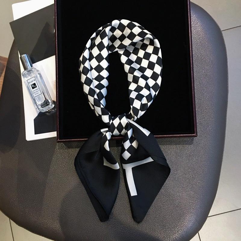 Plaid Print Square Scarf Neckerchief Bandana Silk Head Wrap Hair Accessory
