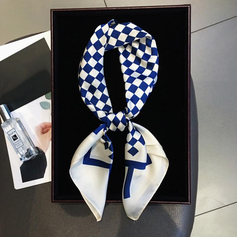 Plaid Print Square Scarf Neckerchief Bandana Silk Head Wrap Hair Accessory