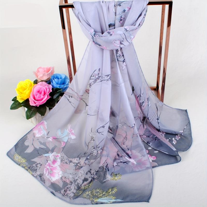 Auspicious Bird Blossom Print Scarf Gradient Chiffon Sunscreen Wrap