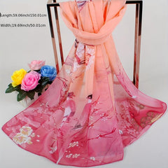 Auspicious Bird Blossom Print Scarf Gradient Chiffon Sunscreen Wrap