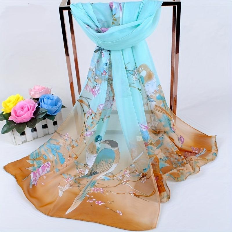 Auspicious Bird Blossom Print Scarf Gradient Chiffon Sunscreen Wrap