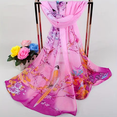 Auspicious Bird Blossom Print Scarf Gradient Chiffon Sunscreen Wrap