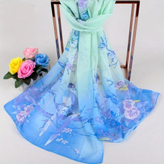 Auspicious Bird Blossom Print Scarf Gradient Chiffon Sunscreen Wrap
