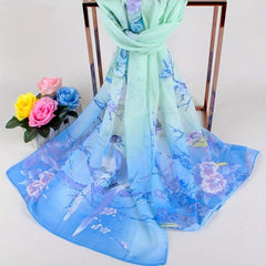 Auspicious Bird Blossom Print Scarf Gradient Chiffon Sunscreen Wrap