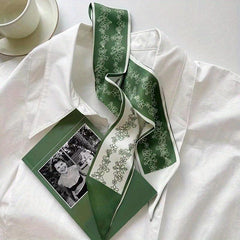 Green Printed Twilly Scarf Long Ribbon Skinny Scarf Neck Tie Women Hair Ribbon