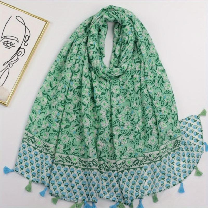 Boho Green Floral Tassel Scarf Shawl for Women