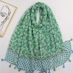 Boho Green Floral Tassel Scarf Shawl for Women
