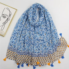 Boho Green Floral Tassel Scarf Shawl for Women