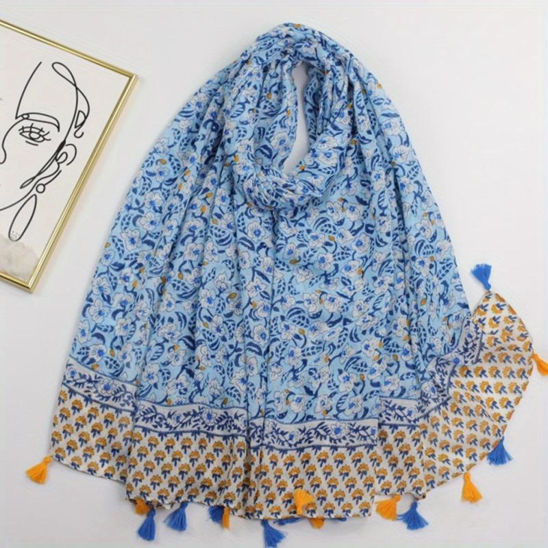 Boho Green Floral Tassel Scarf Shawl for Women