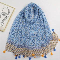 Boho Green Floral Tassel Scarf Shawl for Women