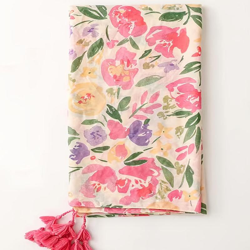 Red Flower Leaf Print Scarf Breathable Shawl for Women