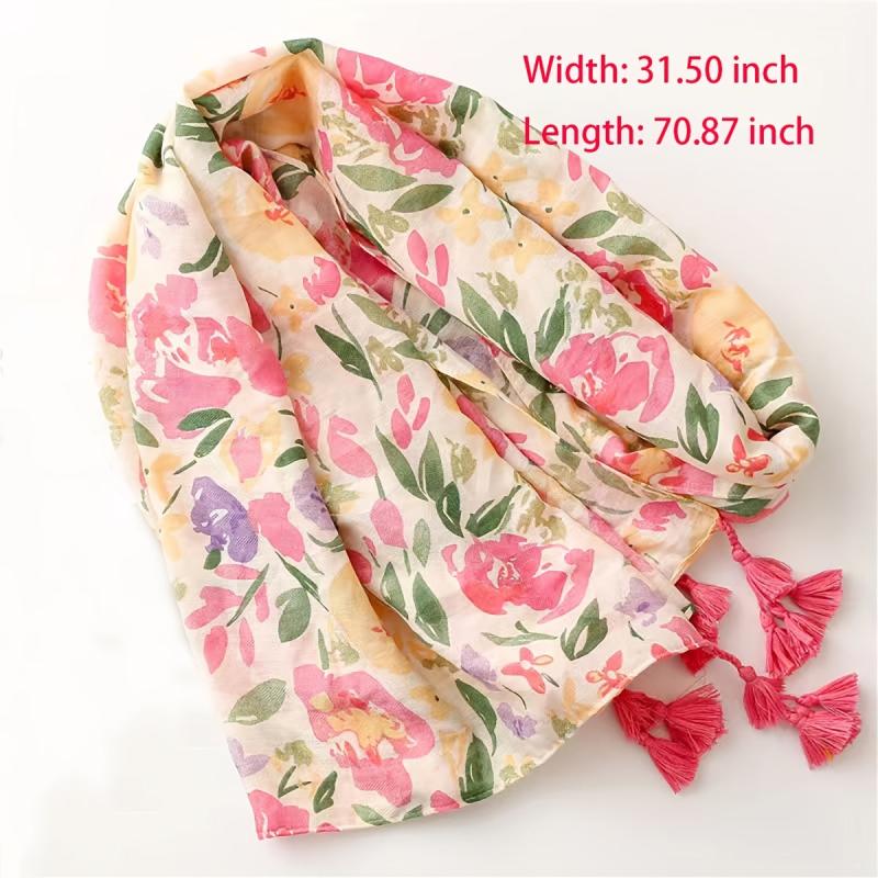 Red Flower Leaf Print Scarf Breathable Shawl for Women