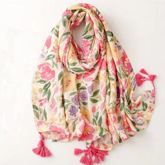 Red Flower Leaf Print Scarf Breathable Shawl for Women