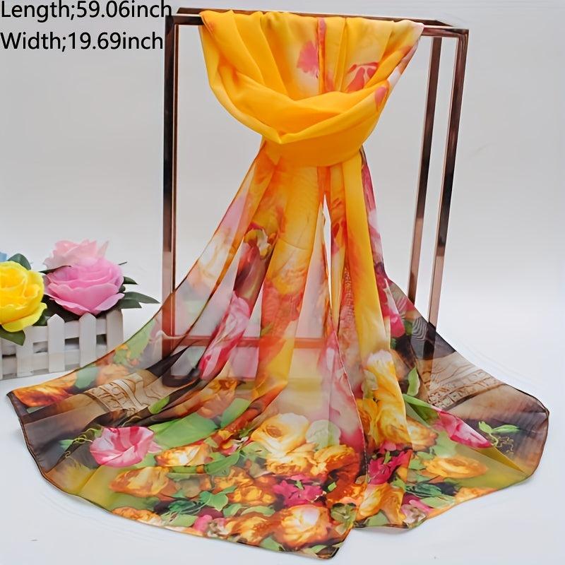 Iridescent Gradient Chiffon Scarf Tie Dye Flower Print Gauze Shawl