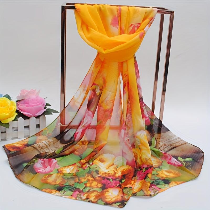 Iridescent Gradient Chiffon Scarf Tie Dye Flower Print Gauze Shawl