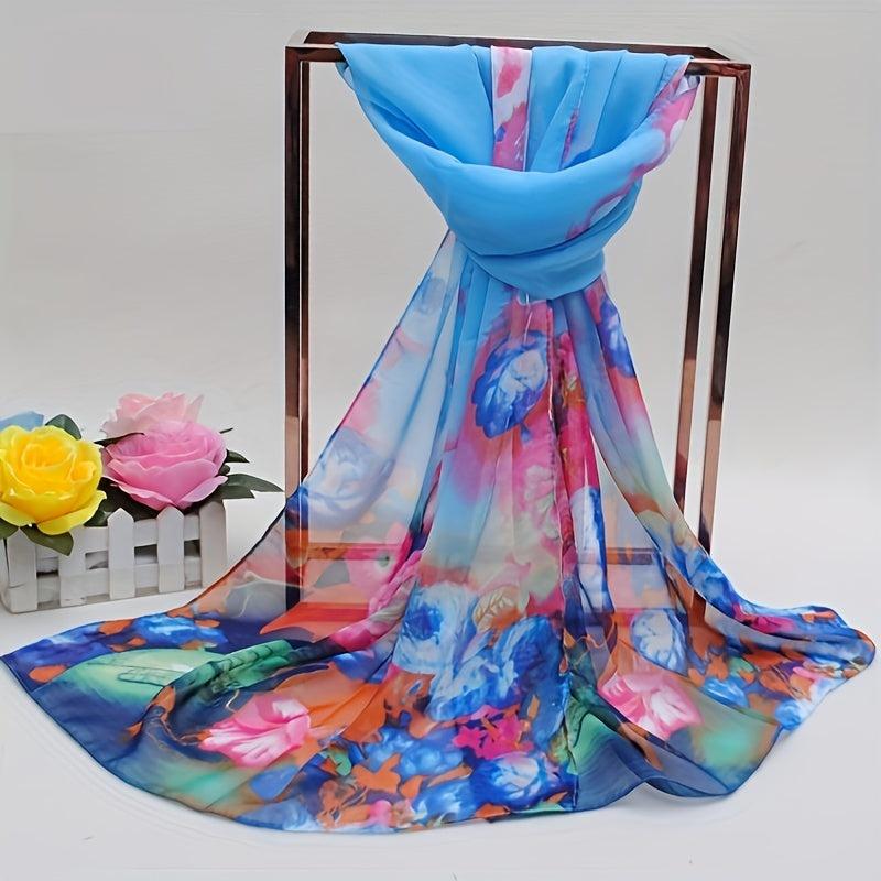 Iridescent Gradient Chiffon Scarf Tie Dye Flower Print Gauze Shawl