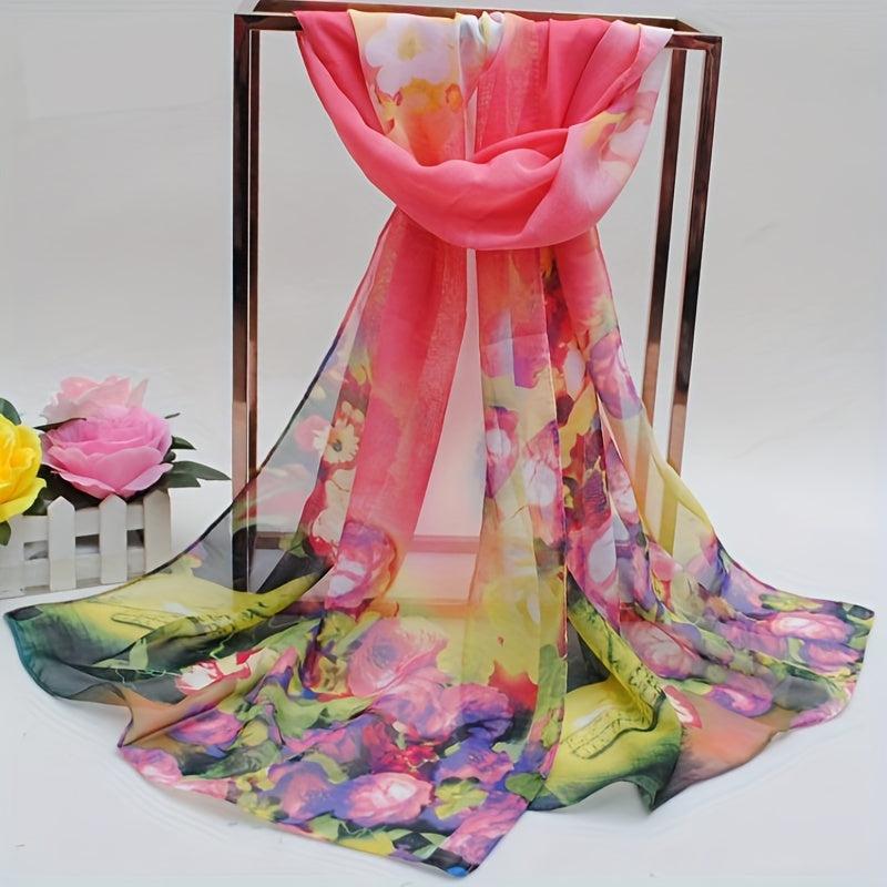 Iridescent Gradient Chiffon Scarf Tie Dye Flower Print Gauze Shawl