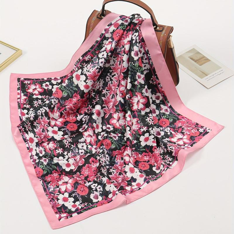 Red Flower Print Square Scarf Bandana Vintage Windproof Head Wrap