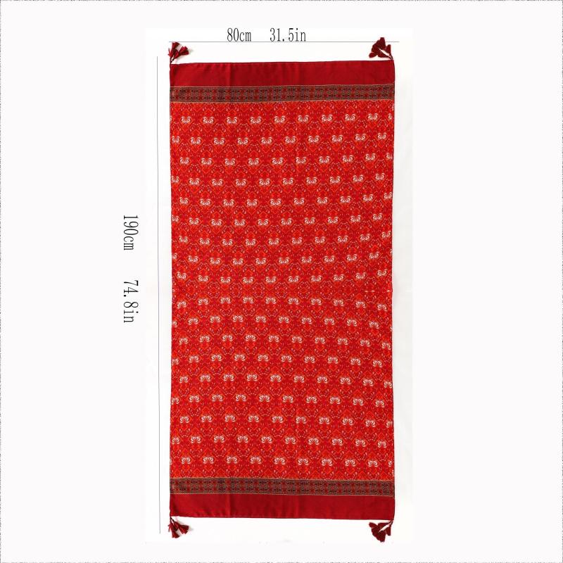 Red Boho Tassel Scarf Vintage Flower Print Shawl Classic Windproof Head Wraps