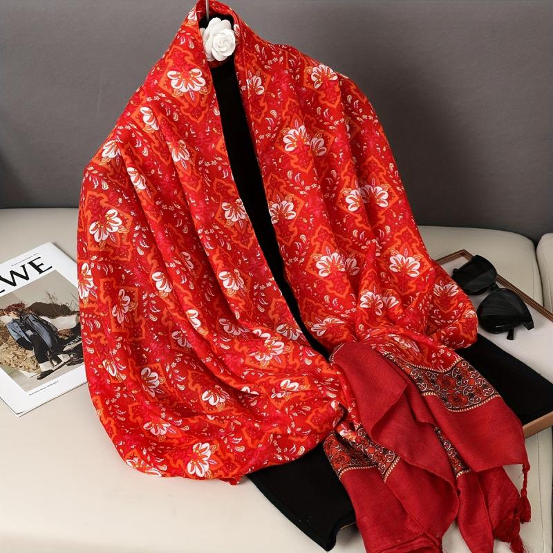 Red Boho Tassel Scarf Vintage Flower Print Shawl Classic Windproof Head Wraps
