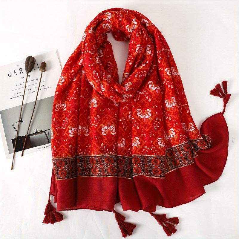 Red Boho Tassel Scarf Vintage Flower Print Shawl Classic Windproof Head Wraps