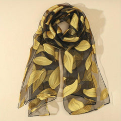 Silk Organza Scarf Leaf Embroidery Windproof Travel Head Wrap