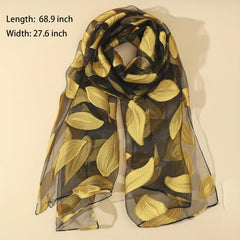 Silk Organza Scarf Leaf Embroidery Windproof Travel Head Wrap