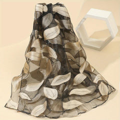 Silk Organza Scarf Leaf Embroidery Windproof Travel Head Wrap