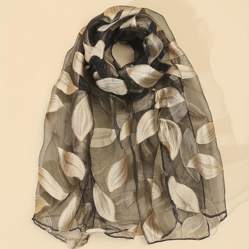 Silk Organza Scarf Leaf Embroidery Windproof Travel Head Wrap
