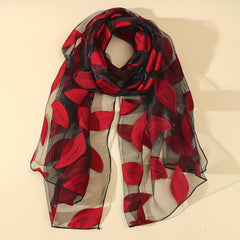 Silk Organza Scarf Leaf Embroidery Windproof Travel Head Wrap