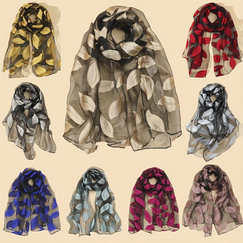 Silk Organza Scarf Leaf Embroidery Windproof Travel Head Wrap