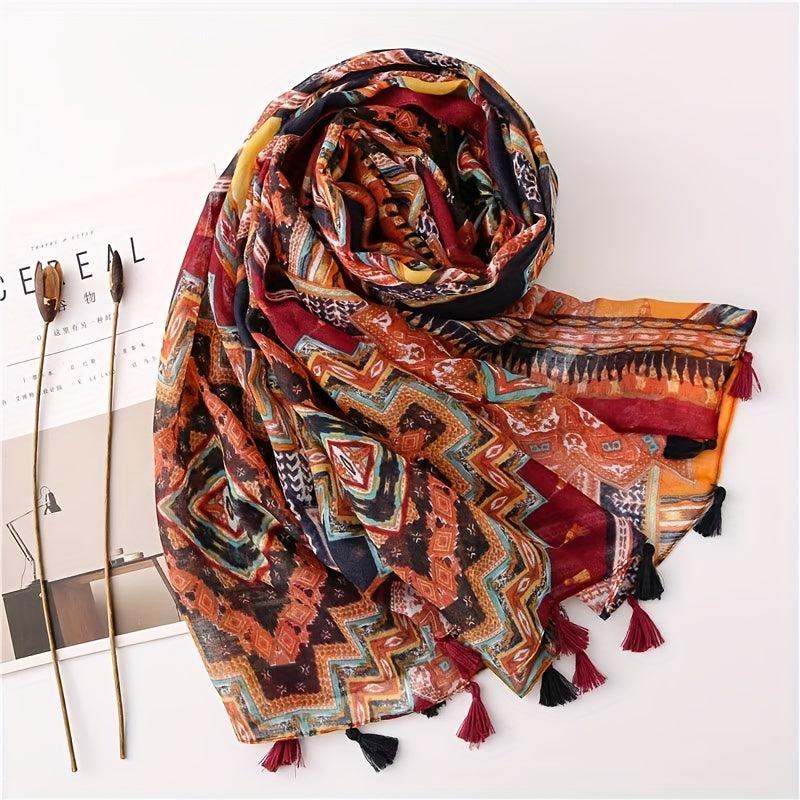 Boho Colorful Fringed Scarf Geometric Printed Sunscreen Shawl