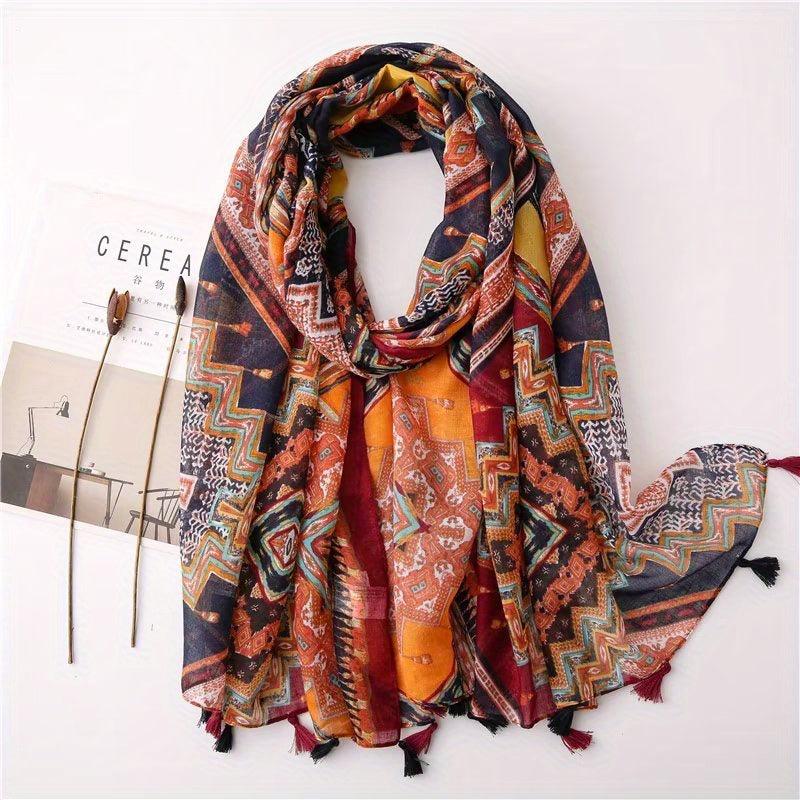 Boho Colorful Fringed Scarf Geometric Printed Sunscreen Shawl