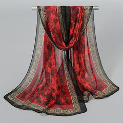 Vintage Chiffon Scarf Boho Floral Print Silk Shawl Outdoor Sunscreen Windproof