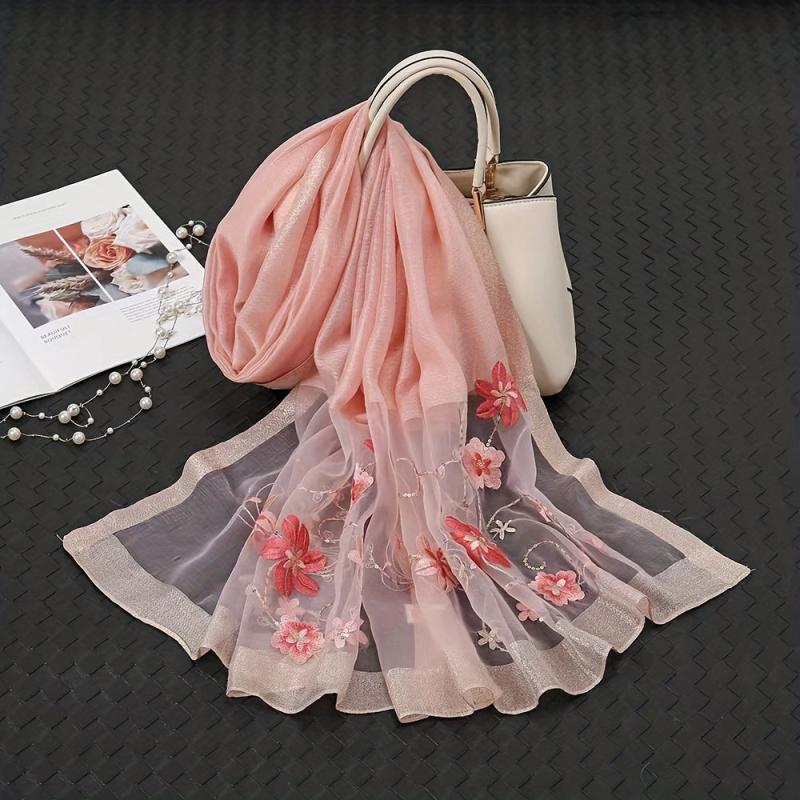 Flower Embroidered Silk Shawl Scarf Wrap Head Wrap