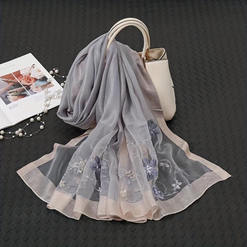 Flower Embroidered Silk Shawl Scarf Wrap Head Wrap
