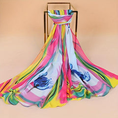 Flower Print Chiffon Scarf Gradient Hijab Thin Shawl Casual Head Wrap