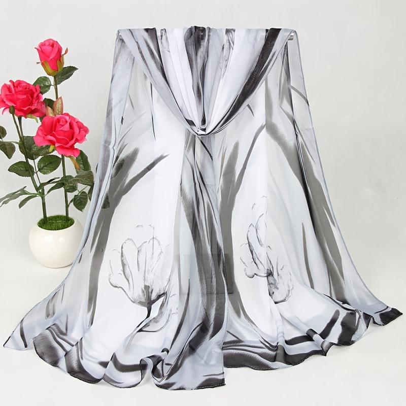 Flower Print Chiffon Scarf Gradient Hijab Thin Shawl Casual Head Wrap