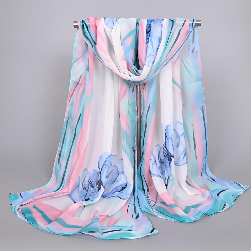 Flower Print Chiffon Scarf Gradient Hijab Thin Shawl Casual Head Wrap
