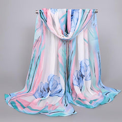 Flower Print Chiffon Scarf Gradient Hijab Thin Shawl Casual Head Wrap