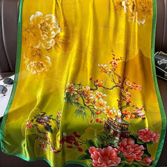 Vintage Peony Flower Print Scarf Classic Silk Shawl Women Head Wrap Satin Sunscr