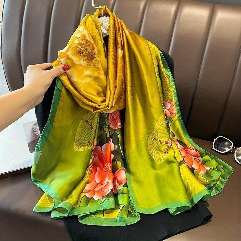Vintage Peony Flower Print Scarf Classic Silk Shawl Women Head Wrap Satin Sunscr