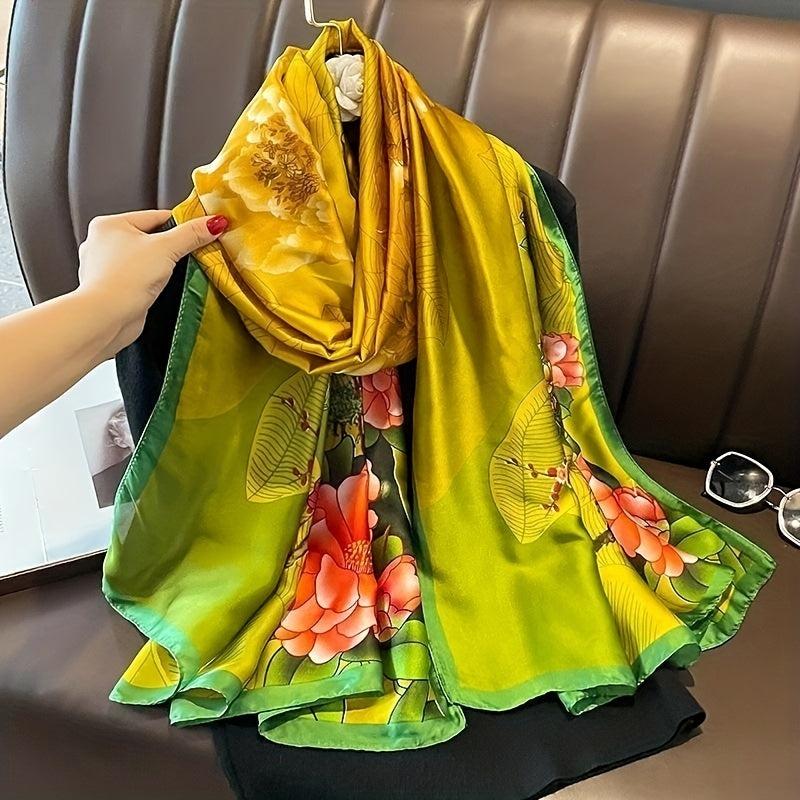 Vintage Peony Flower Print Scarf Classic Silk Shawl Women Head Wrap Satin Sunscr