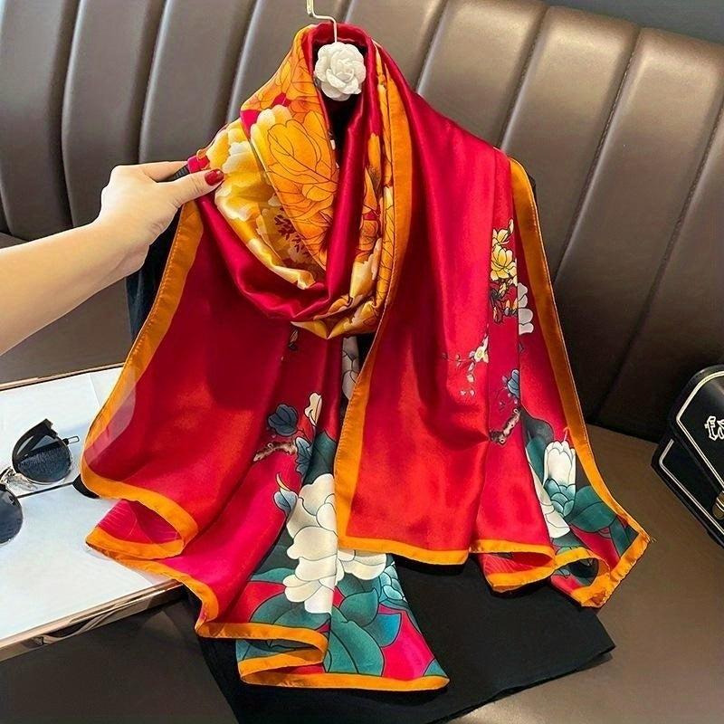 Vintage Peony Flower Print Scarf Classic Silk Shawl Women Head Wrap Satin Sunscr