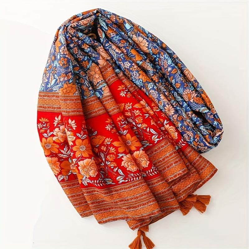Boho Flower Print Tassel Scarf Red Block Shawl Hijab