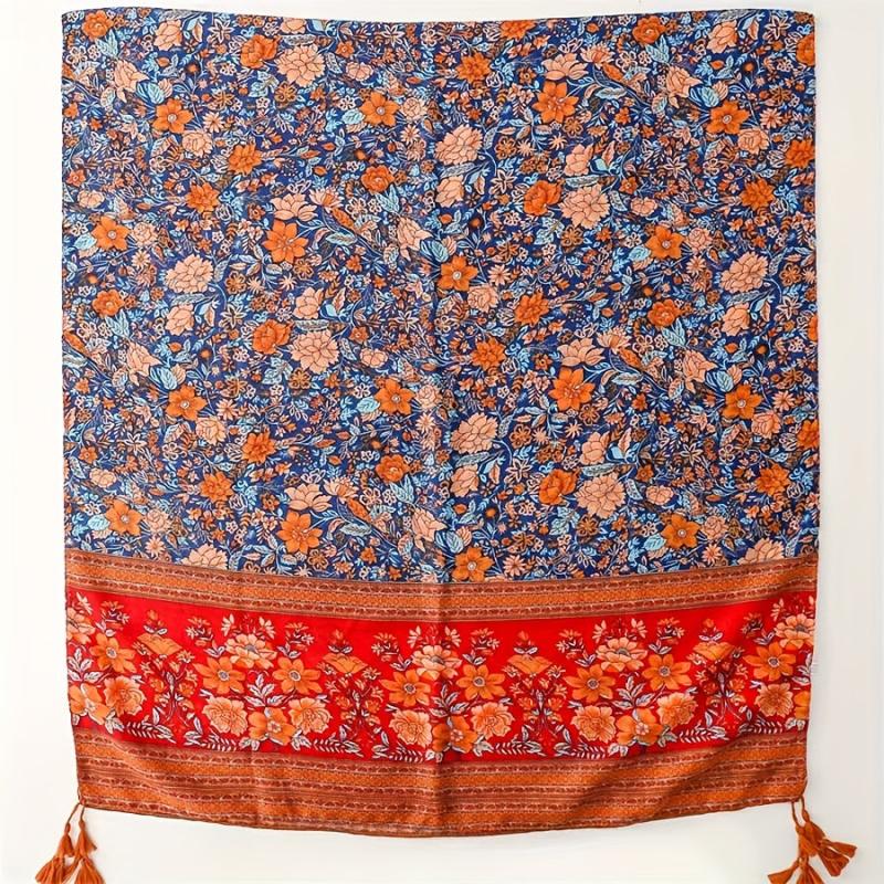 Boho Flower Print Tassel Scarf Red Block Shawl Hijab