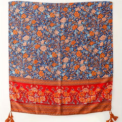Boho Flower Print Tassel Scarf Red Block Shawl Hijab