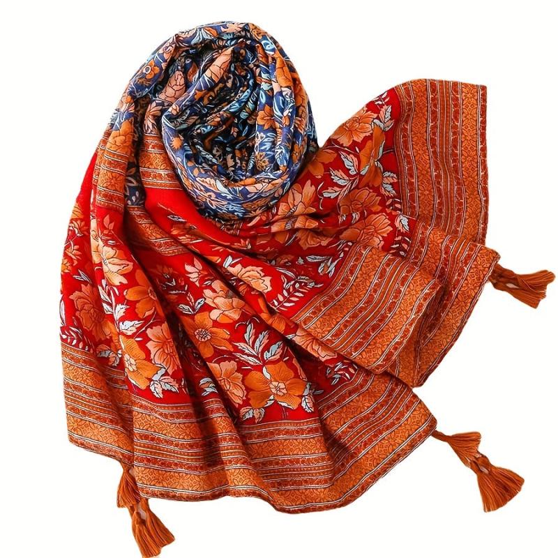 Boho Flower Print Tassel Scarf Red Block Shawl Hijab