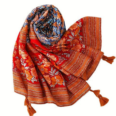 Boho Flower Print Tassel Scarf Red Block Shawl Hijab