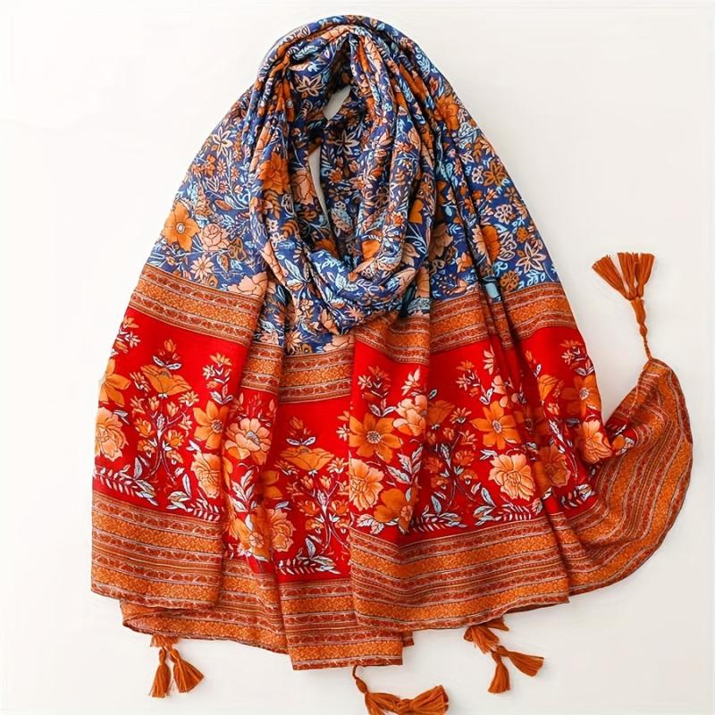 Boho Flower Print Tassel Scarf Red Block Shawl Hijab